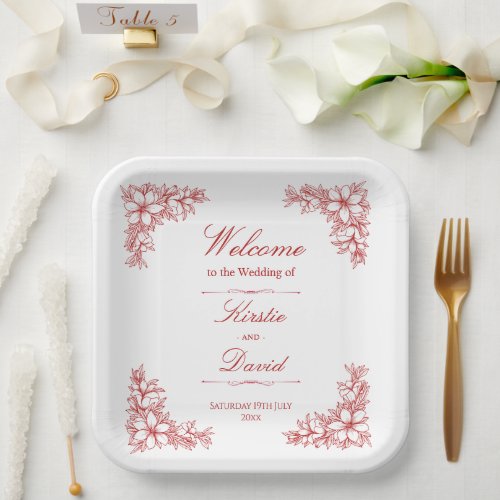 Red Ornate Floral Wedding Paper Plates