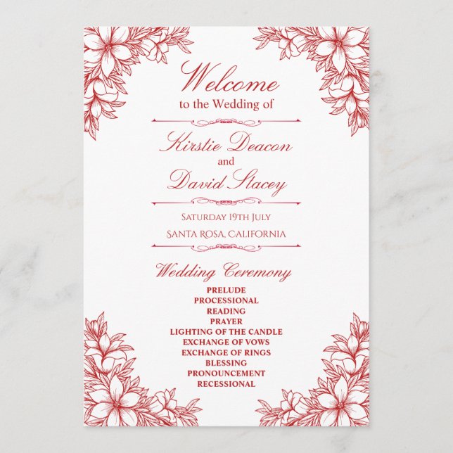 Red Ornate Floral Wedding Program (Front)