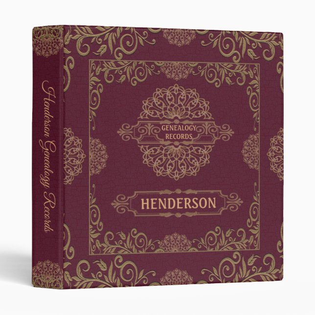 Red Ornate Scroll Family Tree Genealogy Album 3 Ring Binder (Front/Spine)