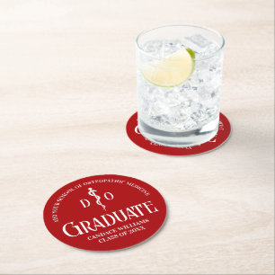 Red Osteopathic Medical School Graduation Party Round Paper Coaster