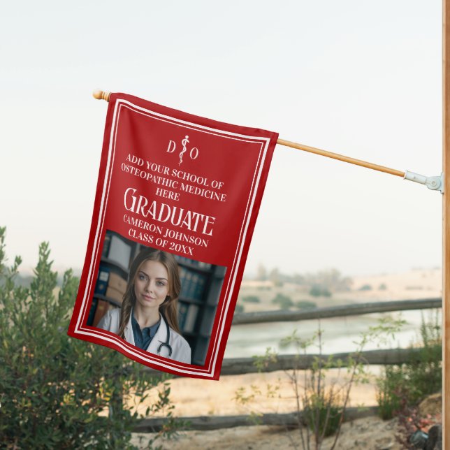 Red Osteopathic Medical School Graduation Photo House Flag (Insitu (Back))