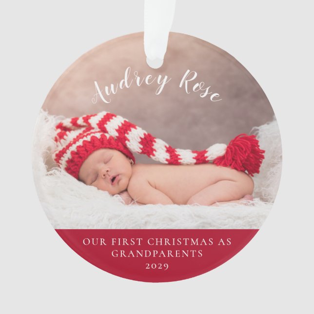 Red| Our First Christmas Grandparents | Baby Photo Ornament (Front)