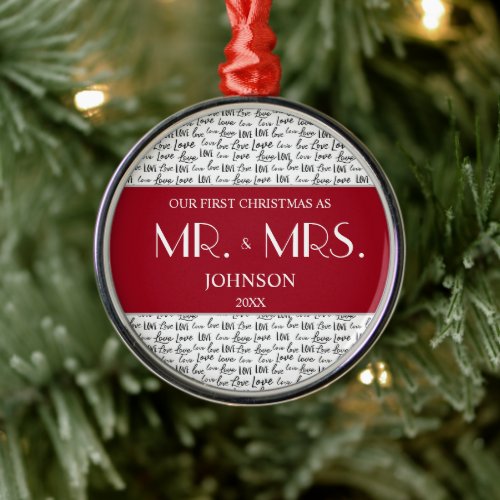 Red Our First Christmas Mr and Mrs Custom Newlywed Metal Ornament