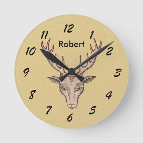 Red Outlined Brown Deer Head Trophy Round Clock