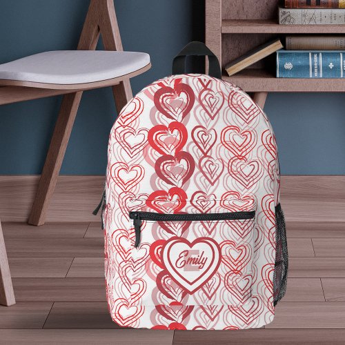 Red Outlined Intertwined Hearts Name and Initial Printed Backpack