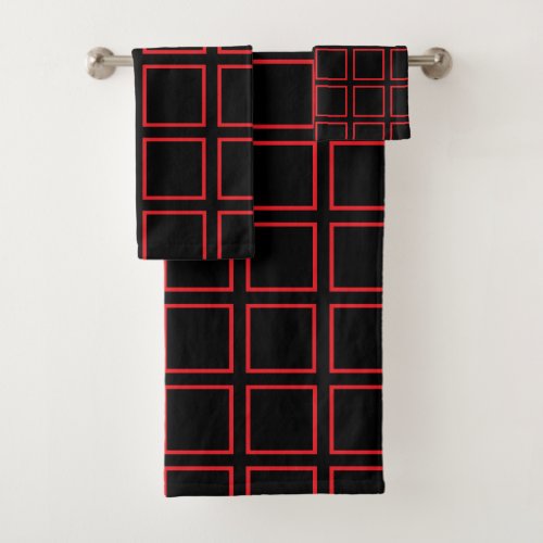 Red Outlined Squares Black Bath Towel Set