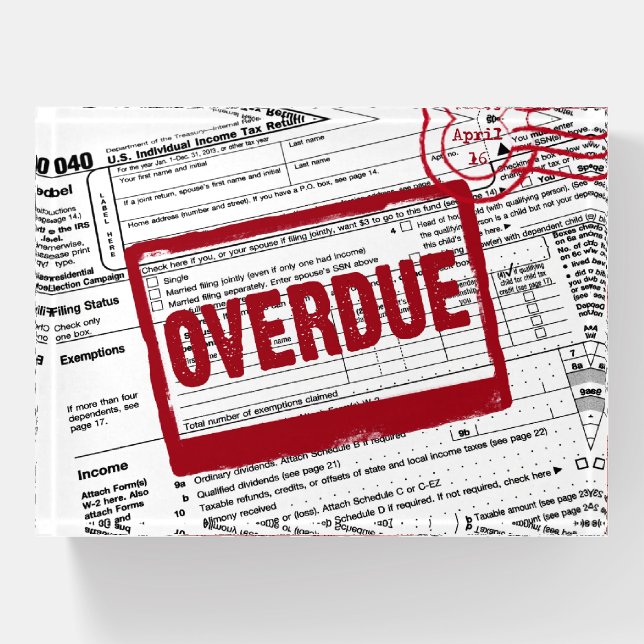 Red OVERDUE Stamp On Tax Form Paperweight (Front)