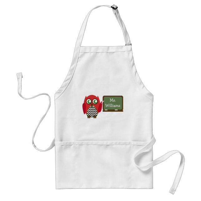 Red Owl Black Chevron Teacher At Chalkboard Adult Apron (Front)