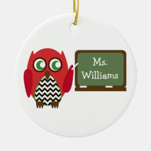 Red Owl Black Chevron Teacher At Chalkboard Ceramic Ornament