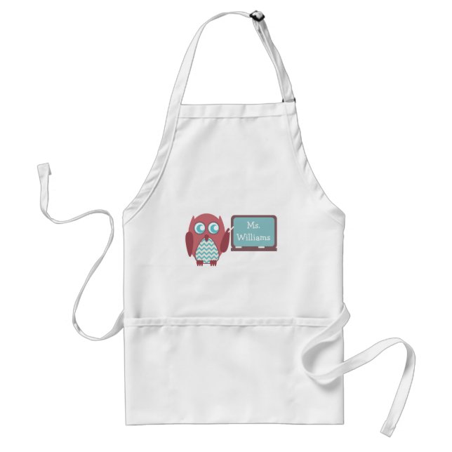 Red Owl Blue Chevron Teacher At Chalkboard Adult Apron (Front)