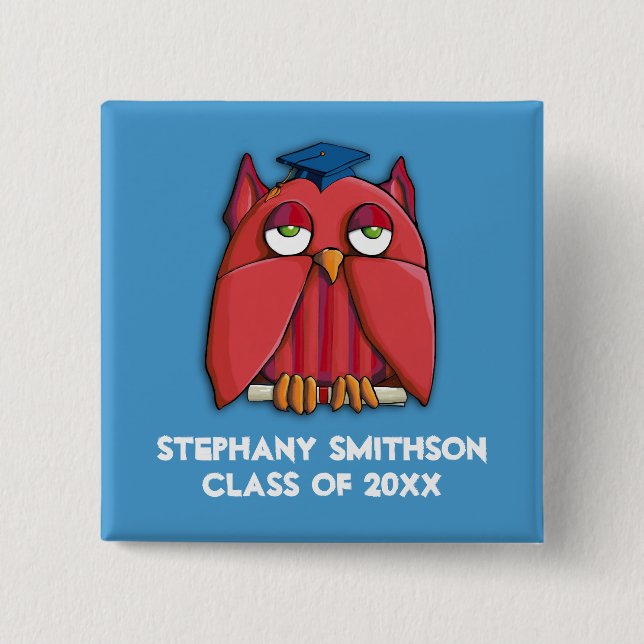 Red Owl Grad aqua Square Graduation Button (Front)