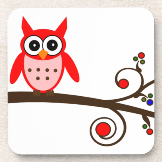 Red Owl on Cherry Tree Drink Coaster (Front)