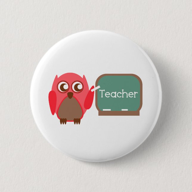 Red Owl Teacher At Chalkboard Pinback Button (Front)