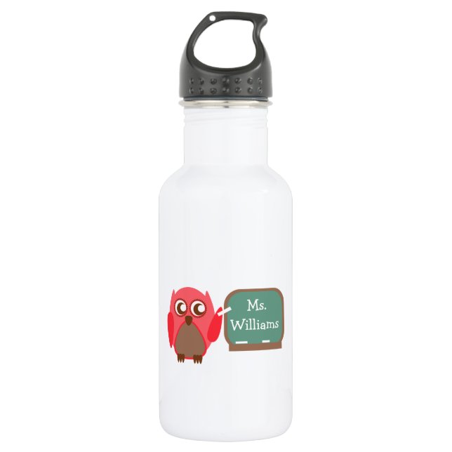 Red Owl Teacher At Chalkboard Water Bottle (Front)
