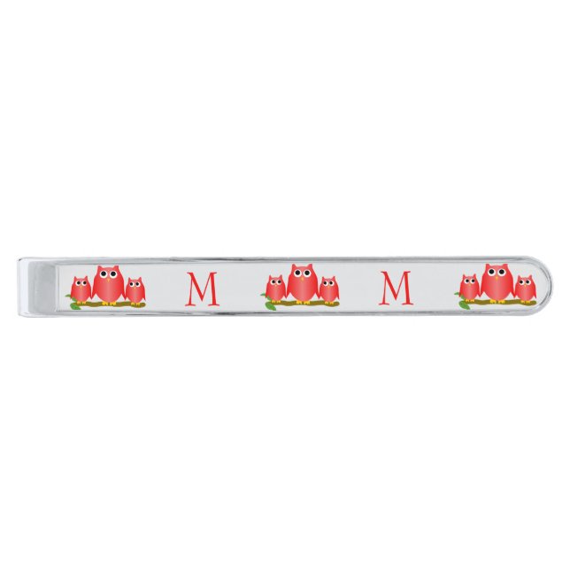 Red Owls Design Monogrammed Silver Finish Tie Bar (Front)