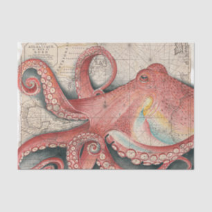 Red Pacific Octopus Vintage Map Art Tissue Paper