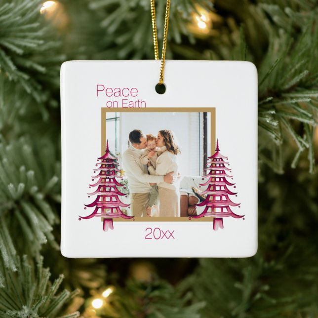 Red Pagoda Christmas Trees 2-Photo Peace On Earth Ceramic Ornament (Tree)