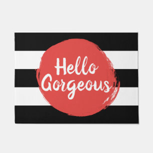 Red Paint Hello Gorgeous Black and White Striped Doormat
