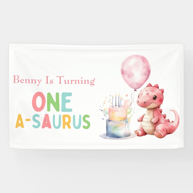 Red Painted Dinosaur One A Saurus Birthday  Banner (Horizontal)