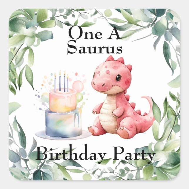 Red Painted Dinosaur One A Saurus Birthday Party Square Sticker (Front)