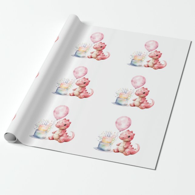 Red Painted Dinosaur One A Saurus Birthday  Wrapping Paper (Unrolled)