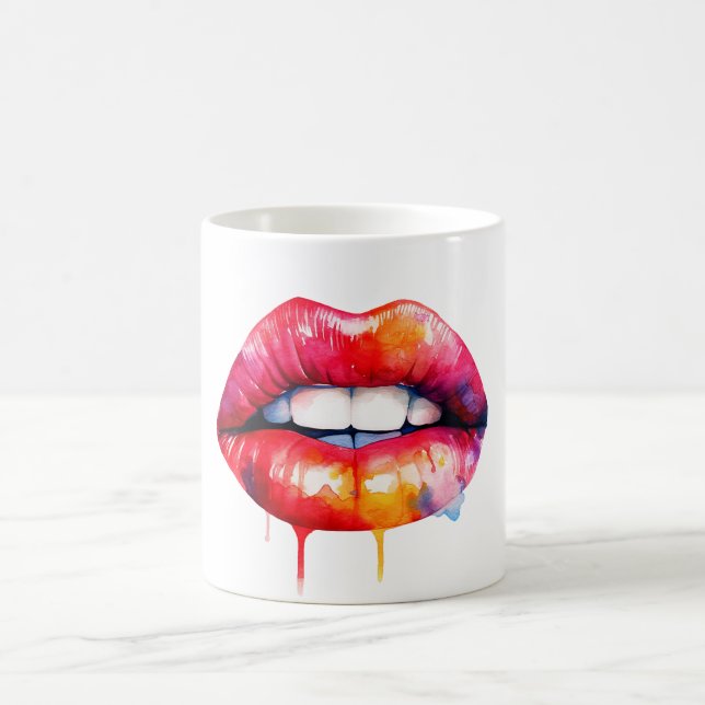 red painted female lips watercolor  coffee mug (Center)