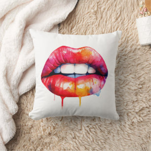 red painted female lips watercolor throw pillow