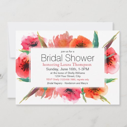 Red Painted Poppies Floral Bridal Shower Invitation