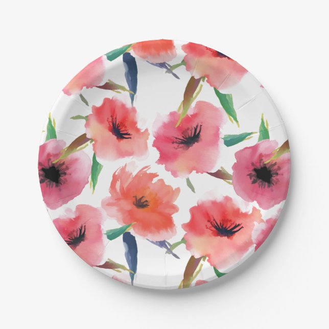 Red Painted Poppies Floral Pattern Paper Plates (Front)