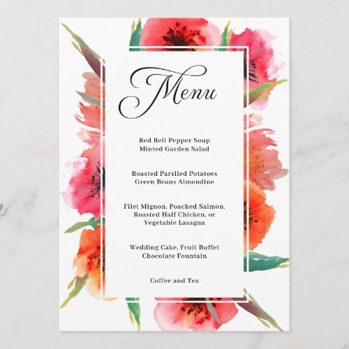 Red Painted Poppies Floral Wedding Menu