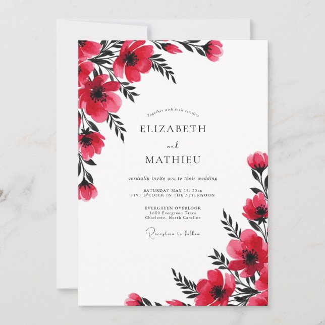 Red Painterly Botanical Wedding Invitation (Front)