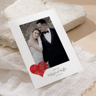  Red Painterly Heart Wedding Photo Thank You Holiday Card