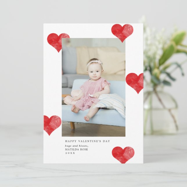 Red Painterly Hearts Modern Valentine's Day Photo Holiday Card (Standing Front)