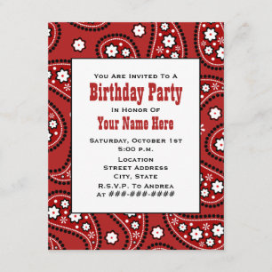 Red Paisley Bandana Inspired Birthday Invitation