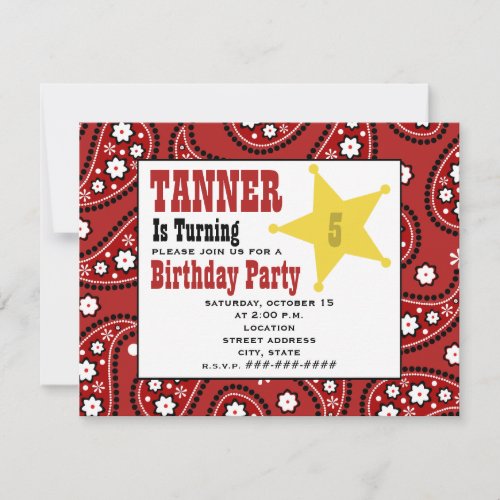 Red Paisley Bandana Kids Cowboy Birthday Invite