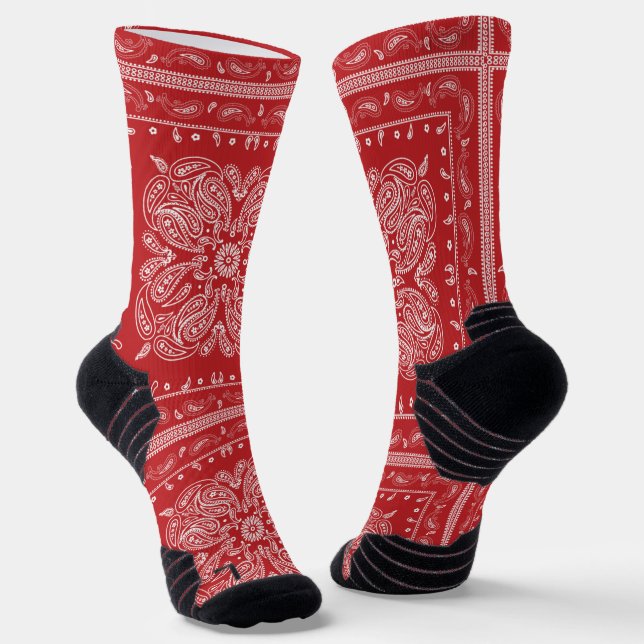 Red Paisley Bandana Print Socks (Angled)