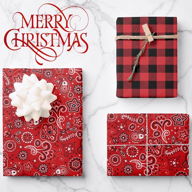 Red Paisley & Buffalo Plaid 3 High Quality Vibrant Wrapping Paper Sheets (Creator Uploaded)