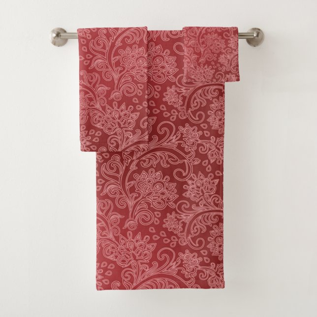 Red Paisley Damask Designer Floral Classic Bath Towel Set (Insitu)