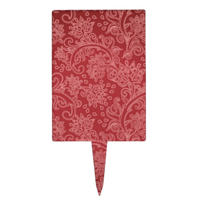 Red Paisley Damask Designer Floral Classic Cake Topper (Front)