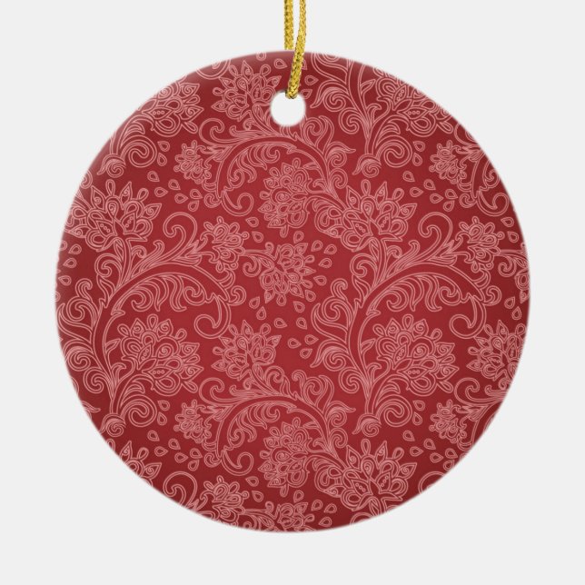 Red Paisley Damask Designer Floral Classic Ceramic Ornament (Front)