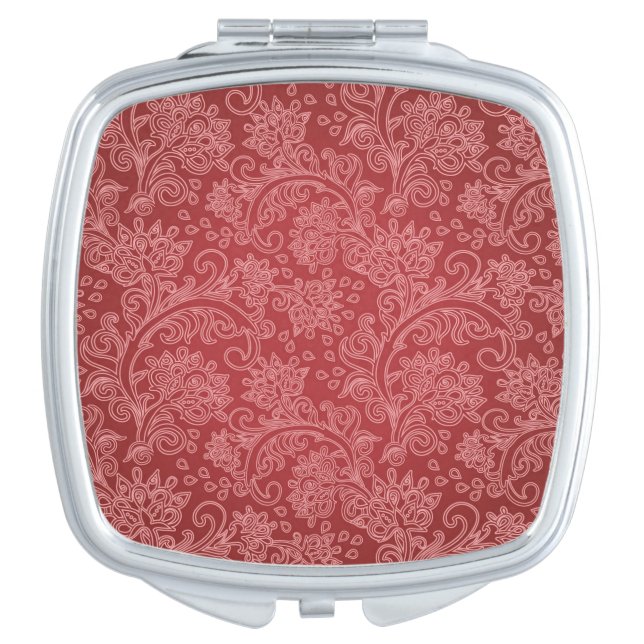 Red Paisley Damask Designer Floral Classic Compact Mirror (Front)