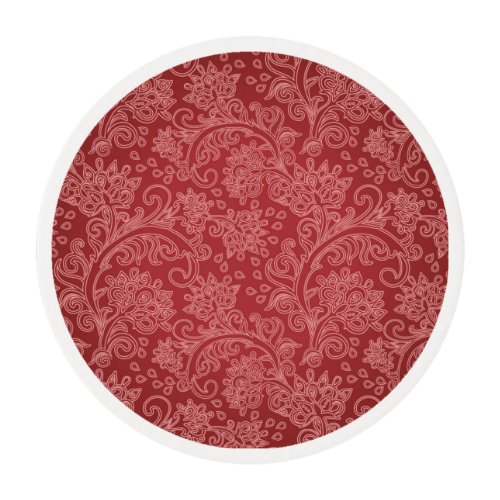 Red Paisley Damask Designer Floral Classic Edible Frosting Rounds