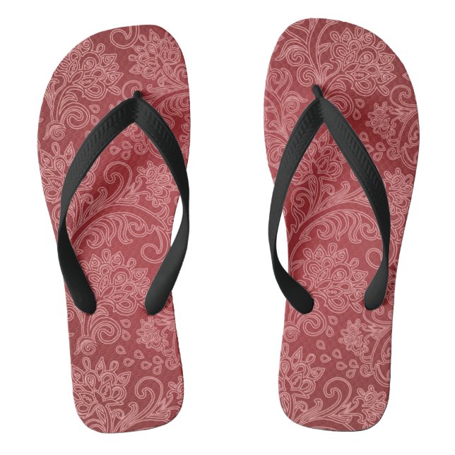 Red Paisley Damask Designer Floral Classic Flip Flops (Footbed)
