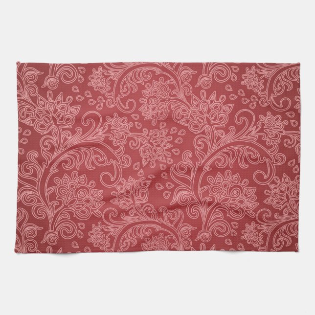 Red Paisley Damask Designer Floral Classic Kitchen Towel (Horizontal)