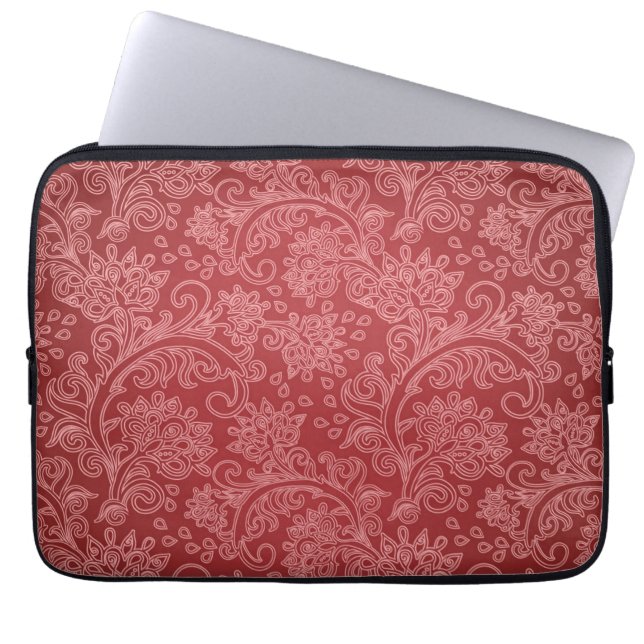 Red Paisley Damask Designer Floral Classic Laptop Sleeve (Front)
