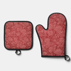 Red Paisley Damask Designer Floral Classic Oven Mitt & Pot Holder Set