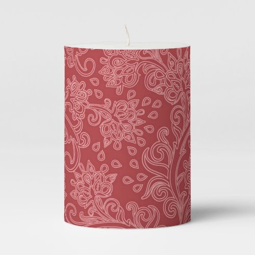 Red Paisley Damask Designer Floral Classic Pillar Candle