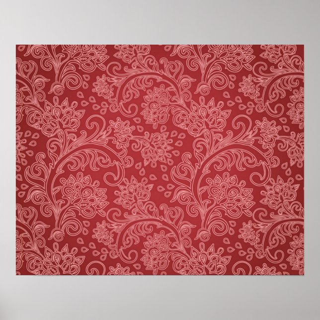 Red Paisley Damask Designer Floral Classic Poster (Front)