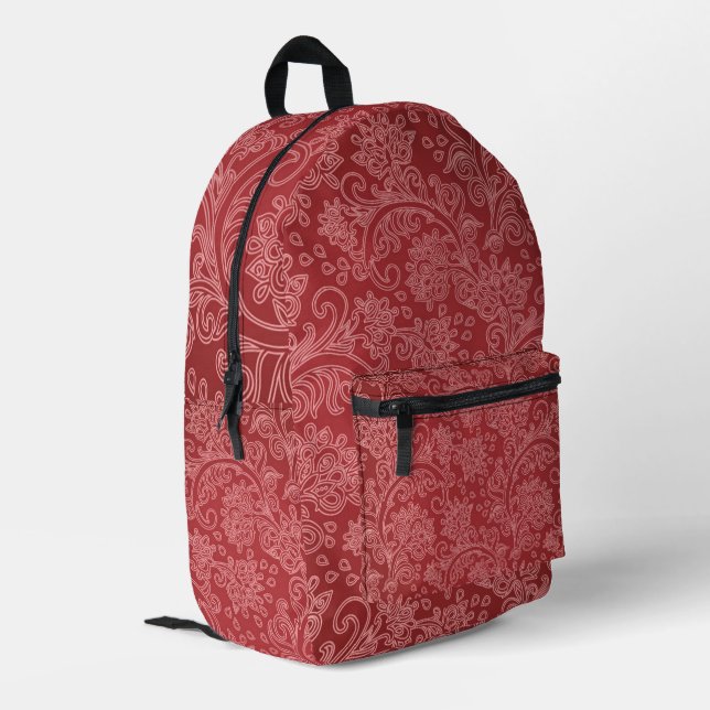 Red Paisley Damask Designer Floral Classic Printed Backpack (Back Corner Left)