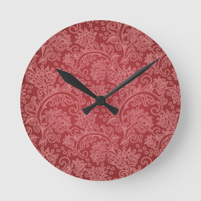 Red Paisley Damask Designer Floral Classic Round Clock (Front)